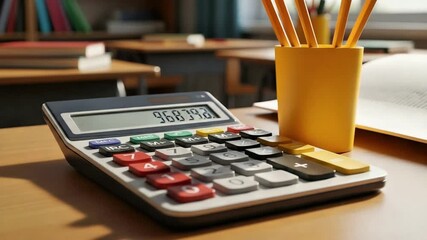 Calculator display shows numbers on a wooden desk in classroom setting - Powered by Adobe