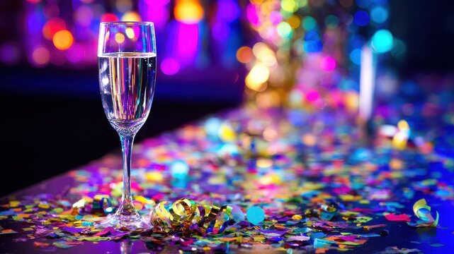 Sparkling champagne glass amid colorful celebration effects, great for festive ads, event invitations, or milestone achievement concepts.