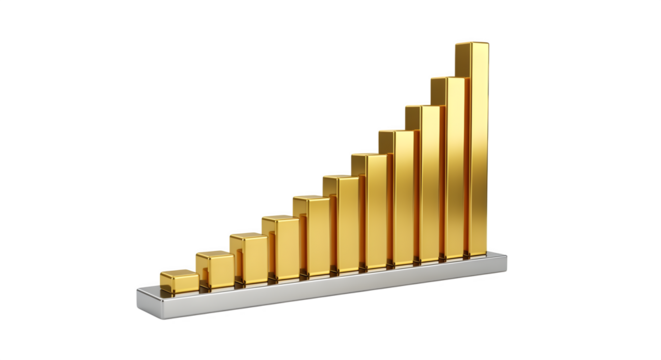 3D profit growth chart in silver and gold, isolated on white background