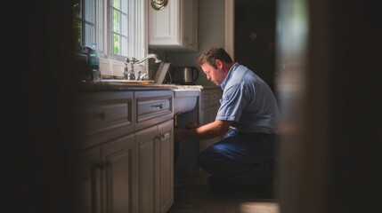 Fototapeta premium Crouching Plumber Fixes Pipes Under Kitchen Sink in Bright Room
