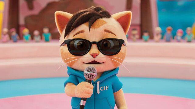 Animation of a cat in glasses with a microphone. The cat is an MC, host, or performer.