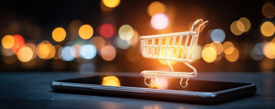 A glowing shopping cart icon overlays a smartphone, set against a backdrop of colorful lights, symbolizing online shopping and digital commerce.