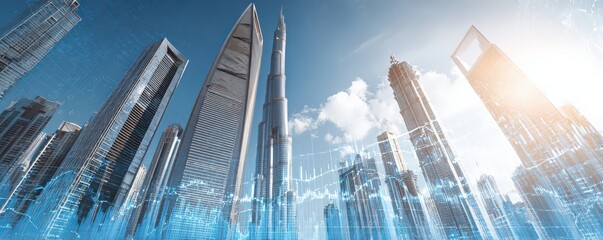 A futuristic skyline featuring towering skyscrapers against a bright sky, incorporating digital elements and a sense of modernity.