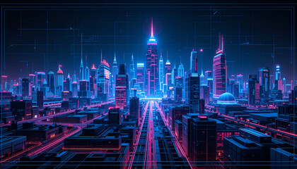 Neon lit futuristic city skyline at night with digital grid overlay