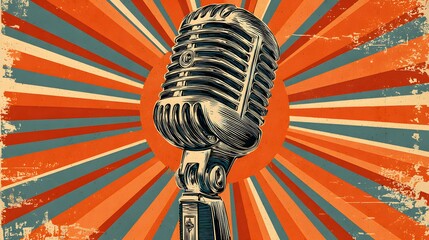 Detailed vector illustration poster design with a vintage karaoke theme featuring a retro microphone element and bold mid-century aesthetics accented by vibrant colors and dynamic patterns