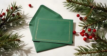 Green christmas card and envelope with festive pine branches and red berries