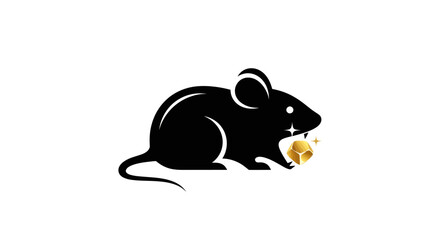 Black silhouette of a mouse eating a piece of cheese.