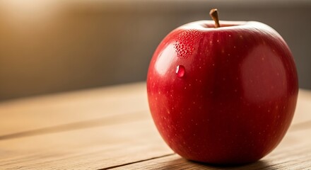 A shiny red apple with water droplets sitting on a wooden surface in a soft light setting scene