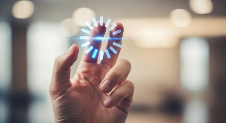 A hand with a loading symbol hovering above the finger in a blurred background indoors scene