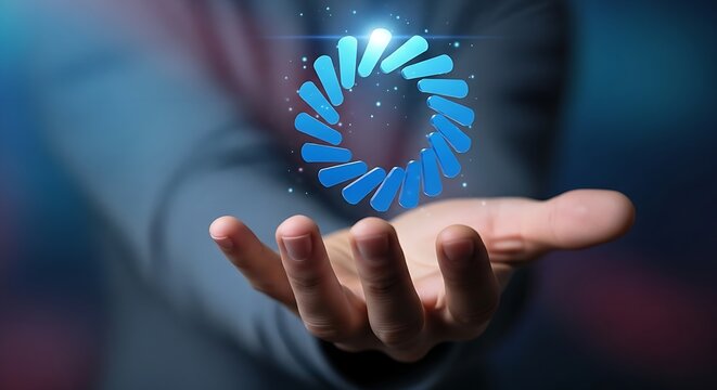 A person holding a blue loading circle in their hand with a dark blue and purple background glow effect