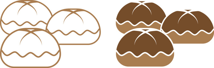 Vector illustration of bread buns in simple bakery style. Minimal line art and solid filled version, colored in brown tones. Perfect for bakery shop design, cafe menu, breakfast, pastry, dessert.