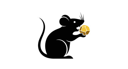 Black rat silhouette icon holding a piece of yellow cheese.