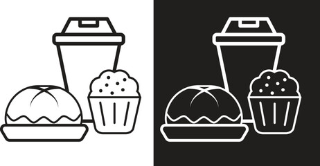 Minimalist vector illustration of a takeaway coffee cup with a bread roll and muffin. Black and white line art style, perfect for bakery, cafe, restaurant, breakfast, and beverage design themes.