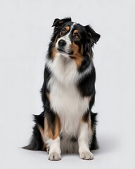 Beautiful australian shepherd dog sitting and looking up isolated on white background