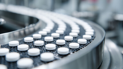 Production line showcases white tablets moving along conveyor belt in a pharmaceutical facility Generative AI