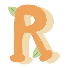 Letter r adorned with leaves and a drop shadow. Perfect for naturethemed designs, environmental projects, or typography enthusiasts.