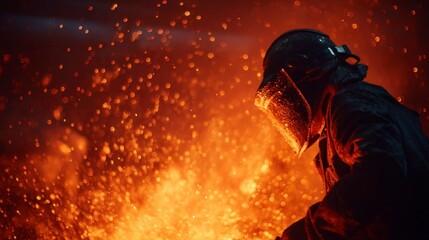 Worker Pouring Molten Metal in Foundry with Sparks and Glow