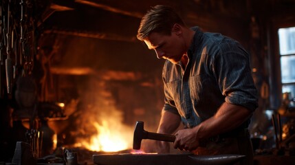 Blacksmith Hammering Red Hot Metal on Anvil in Rustic Workshop