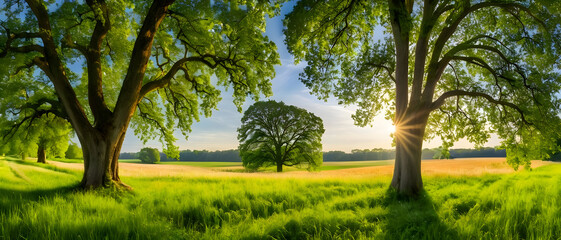 Fototapeta premium Sunny landscape with grassy field, forest border, and vibrant summer sky.