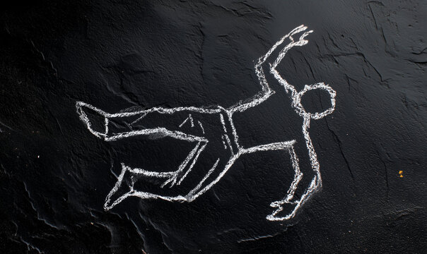 Chalk outline of a person on dark surface indicating a crime scene during the day Generative AI