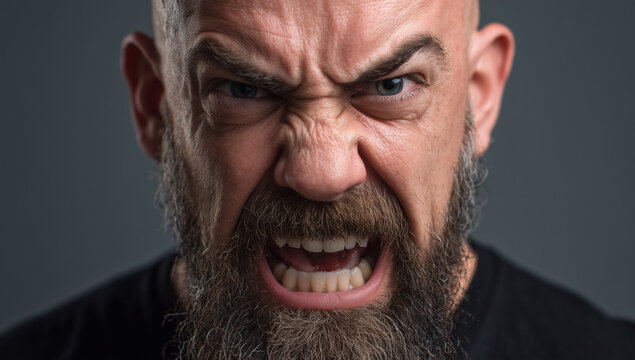 Intense expression of anger from a bearded man in a dimly lit indoor setting during evening hours Generative AI - Powered by Adobe