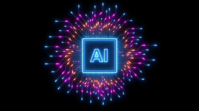 AI Computer Chip. CPU Transmitting Glowing High Speed Data Circuit Board Using Processing Artificial Intelligence Neon abstract digital technology background Computer And Technology Related 4K