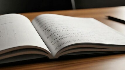 Turning pages of a notebook filled with mathematical equations on a desk - Powered by Adobe