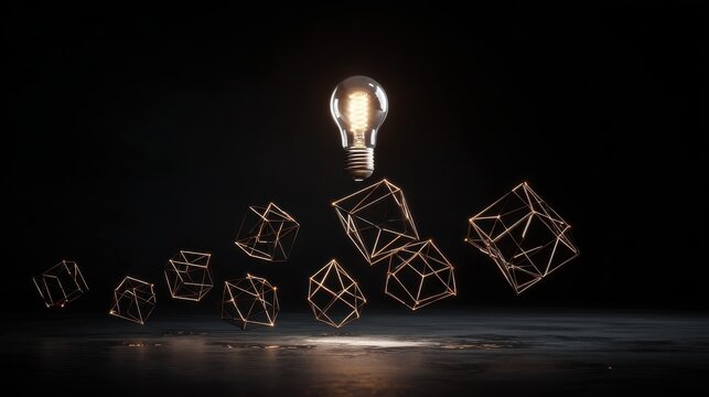 Symbolic innovation concept with bulb and geometries, great for business presentations, design blogs, or futuristic visuals.