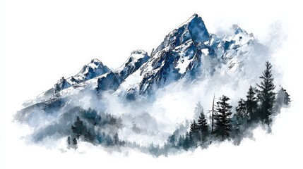 Obraz premium A serene mountain landscape featuring snow-capped peaks shrouded in mist, with evergreen trees in the foreground creating a tranquil, picturesque scene.