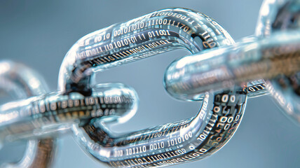 Close-up of a cyber chain link with binary code, showcasing blockchain technology against a blurred background