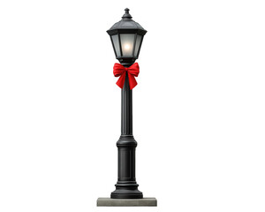 Fototapeta premium Classic street lamp with glowing light and festive red bow, isolated on transparent background, evokes cheerful holiday atmosphere and vintage city charm