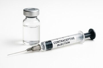 Contraceptive injection syringe and medicine vial on white background