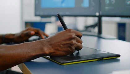 Close-up of hands using graphic tablet