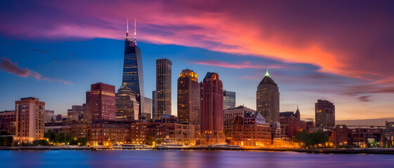 Naklejka premium Modern cityscape with tall buildings under dramatic pink and purple sunset sky.