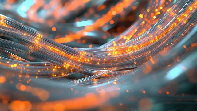 Fiber optic cables transferring orange data flowing in cyberspace