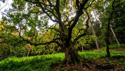 Majestic ancient tree in autumn forest