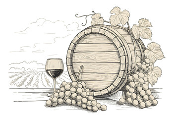 Vintage Wine Barrel With Grapes Glass and Vineyard Illustration Photo