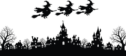 Obraz premium Three witches flying on brooms over a spooky town with a full moon for the halloween concept
