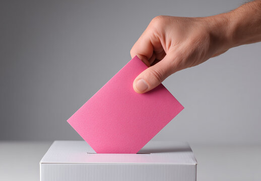 Election day voting process with a hand casting a pink ballot into a white box during a civic engagement event Generative AI