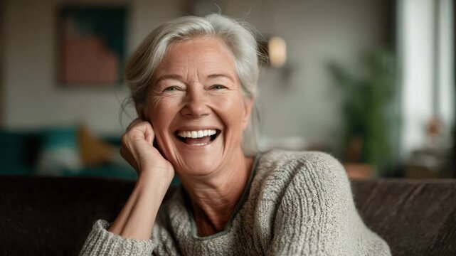 Close-up portrait of happy European elderly woman with gray hair at home, beauty and aging. Old grandmother face look camera closeup. Cute elder grandma, retired person smile. Senior mature pensioner.