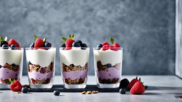 Delicious berry parfaits served in clear glasses with layers of yogurt, granola, and fresh fruits on a grey background