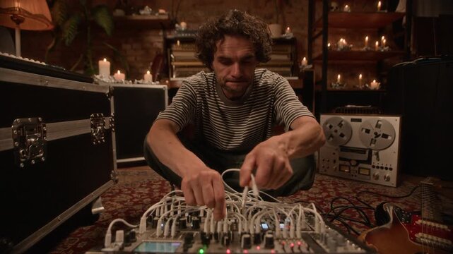 Static shot of middle aged male musician sitting on floor connecting patch cables to modular synthesizer preparing electronic sound machine in recording studio