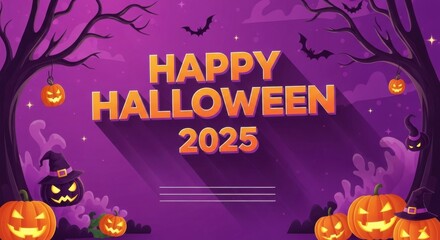 Halloween Celebration Banner with Carved Pumpkins Spooky Trees Bats and Purple Background for 2025 Holiday Event