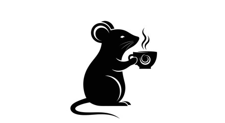 Black silhouette of a cute mouse drinking hot coffee.