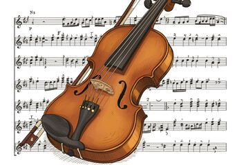 Naklejka premium Violin Illustration With Bow On Musical Sheet Background Transparent