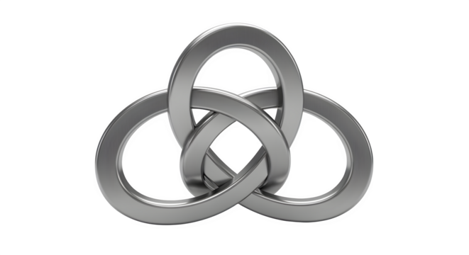 3D Venn diagram with metallic rings, isolated on white background