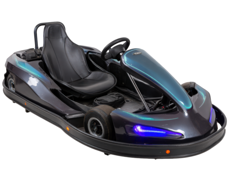 Futuristic go kart with sleek black body, neon blue LED lights, aerodynamic design, and comfortable seat, perfect for sci fi racing and modern entertainment venues