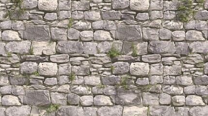 Fototapeta premium A stone wall made of grayish-white rocks in a horizontal pattern with clear edges, a building built by man for many years for buildings or ruins.