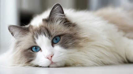 Relaxed ragdoll cat with striking blue eyes.