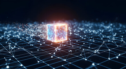 Glowing Digital Cube in Abstract Network Grid: Futuristic Data Processing and Blockchain Technology Concept